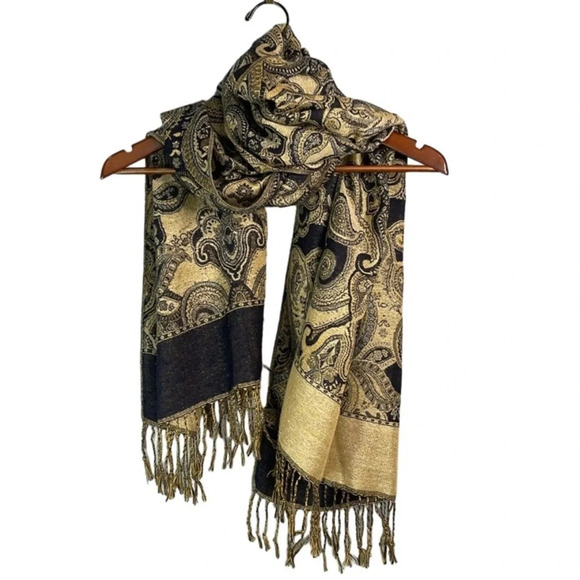VINTAGE Paisley Print Gold Navy Metallic Fringed Rectangular Scarf Wool Feel - Picture 7 of 7